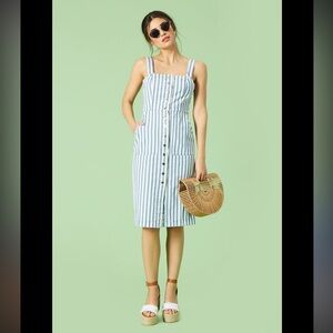 Forever 21 Blue and White Classic Striped Denim Midi Dress Size S with Pockets